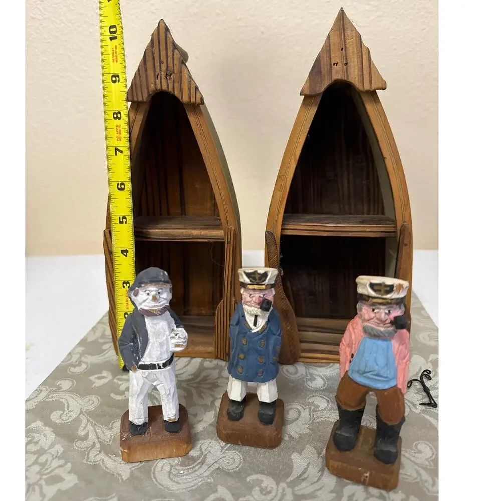 Vintage Two Canoes and Three Hand Carved Fisherman